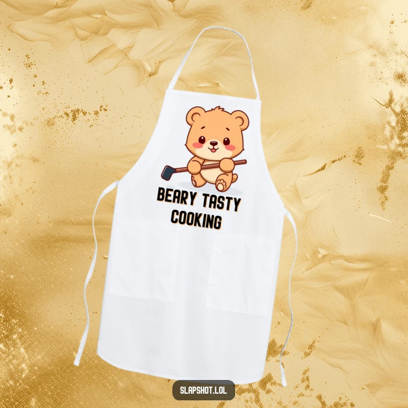 Funny kitchen apron showing a happy bear cub with a tiny hockey stick, playfully batting a puck, adding fun to cooking.