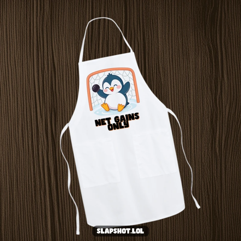 Funny penguin apron featuring a giggling character scoring a goal with a puck, adding humor to culinary activities.