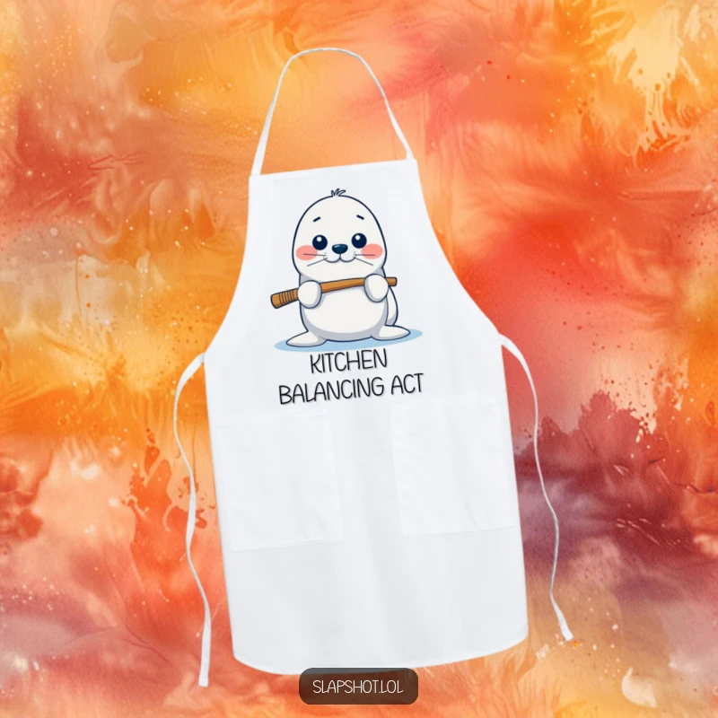 Funny seal apron featuring a playful character balancing a hockey stick on its nose, adding humor to culinary activities.