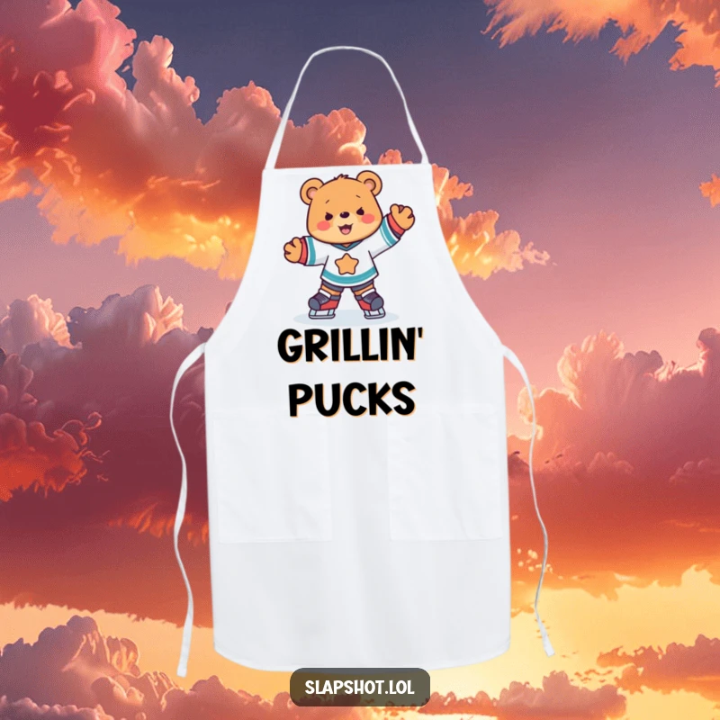 Funny cute bear in hockey jersey skating joyfully on a functional and fun sports apron.