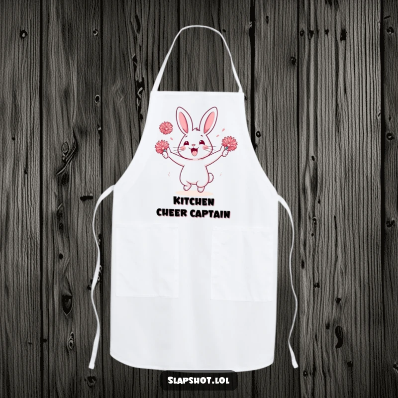 Funny rabbit character on an apron, cheering with pom-poms, a humorous and practical kitchen accessory.