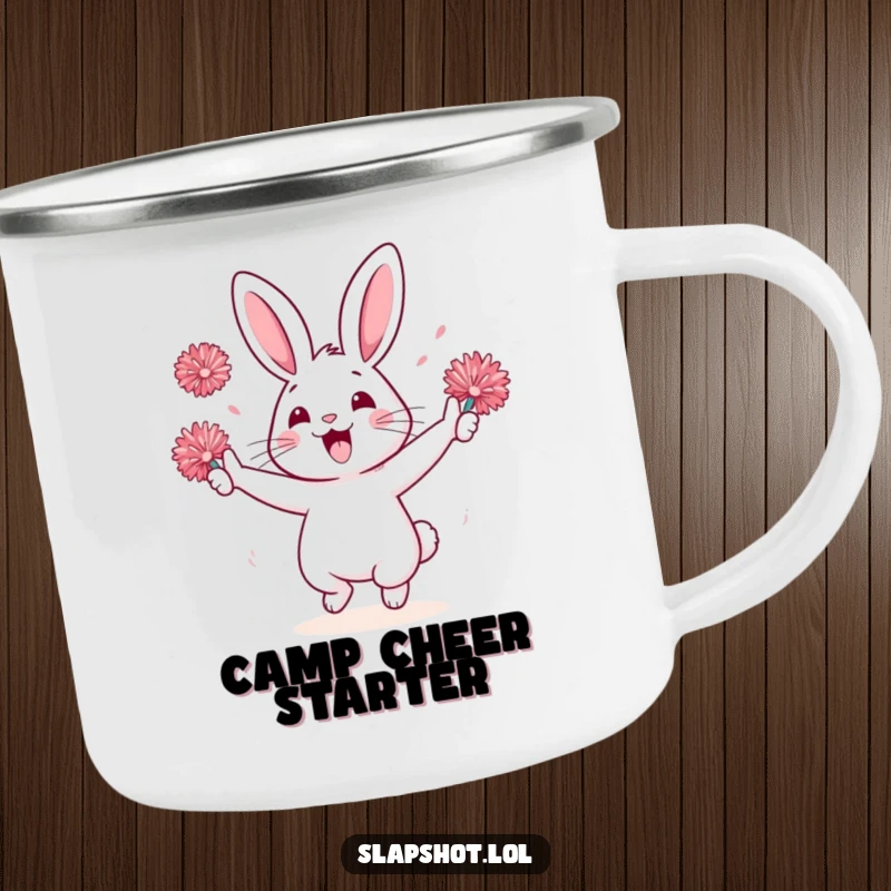 Funny rabbit character on a camping mug, cheerfully holding pom-poms, perfect for outdoor enthusiasts.