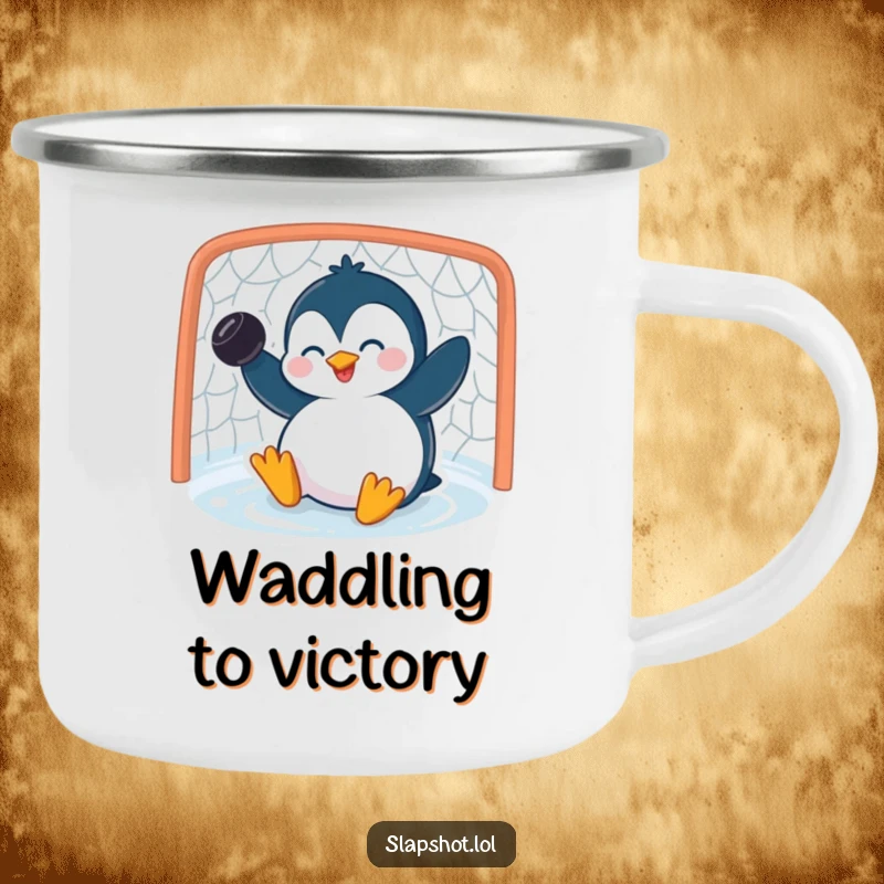 Funny penguin camping mug featuring a giggling character scoring a goal, perfect for outdoor drinks with humor.
