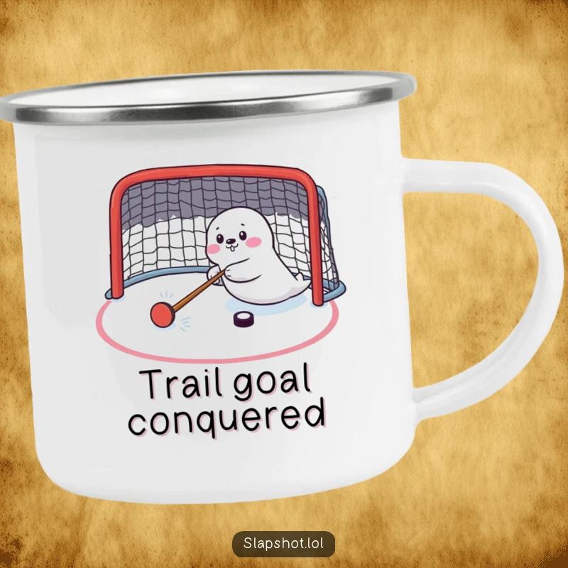 Funny seal character on a camping mug, enthusiastically shooting a hockey puck, perfect for outdoor enthusiasts.
