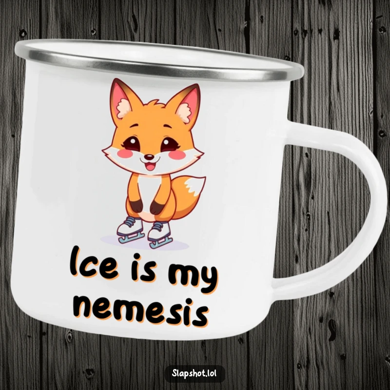 Funny fox adorably attempting to skate on tiny blades, printed on a durable enamel camping mug, ready for the wild.