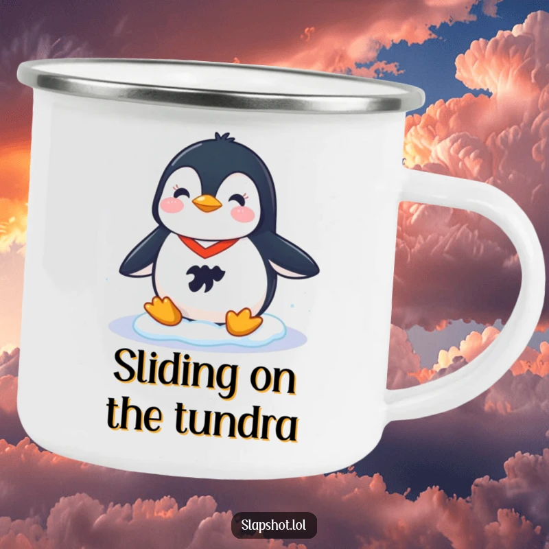 Funny camping mug showcasing a cheerful penguin in a hockey jersey sliding on ice, ideal for outdoor sports fun.