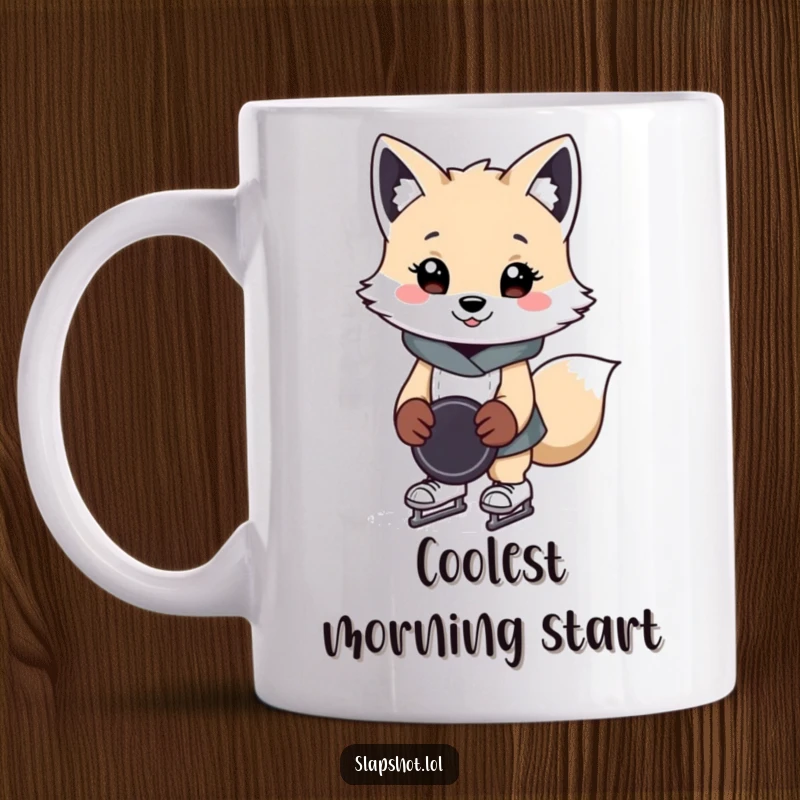 Funny arctic fox mug featuring a cheerful character in tiny skates holding a hockey puck, ready for winter fun.