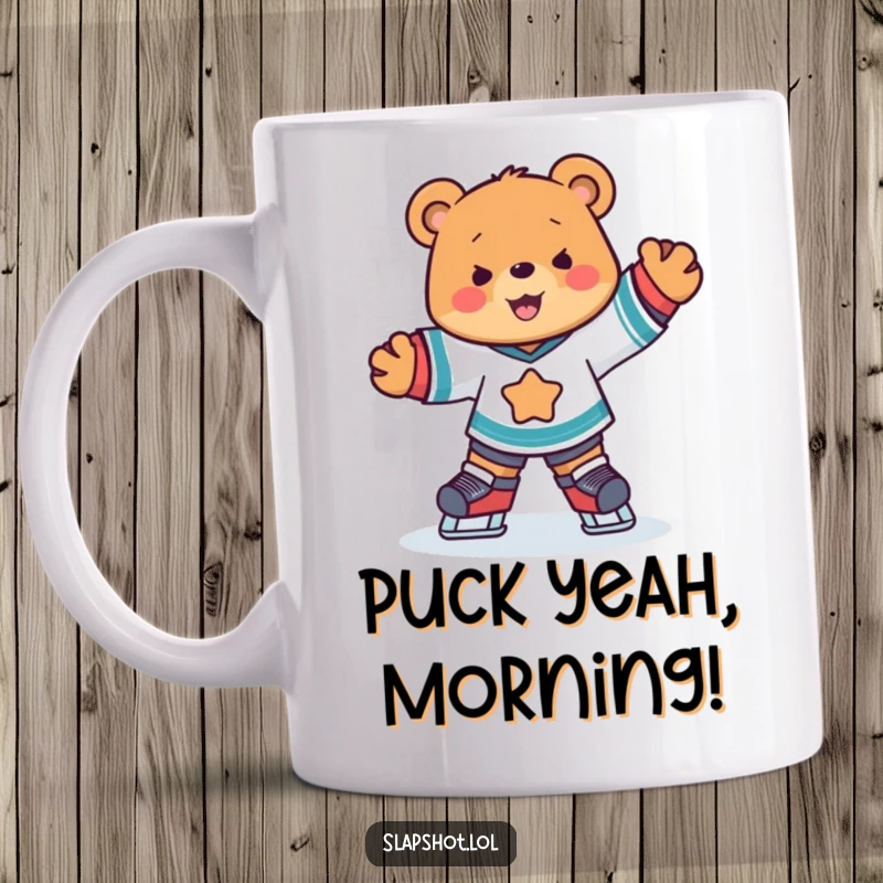 Funny cute bear in an ice hockey jersey skating joyfully, energetic sports character on a mug.