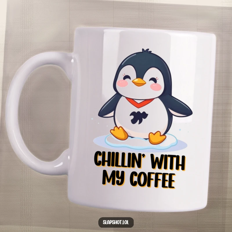 Funny mug featuring a cheerful penguin wearing a tiny hockey jersey, joyfully sliding on a smooth ice surface, ready to play.