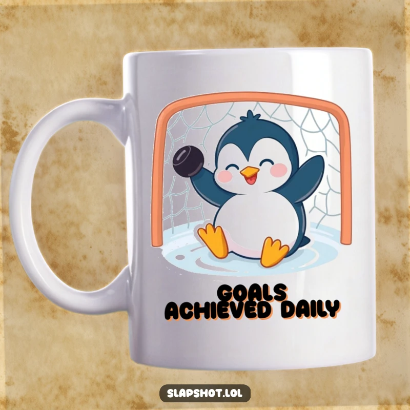 Funny penguin mug featuring a giggling character sliding into a net with a hockey puck, celebrating a goal.
