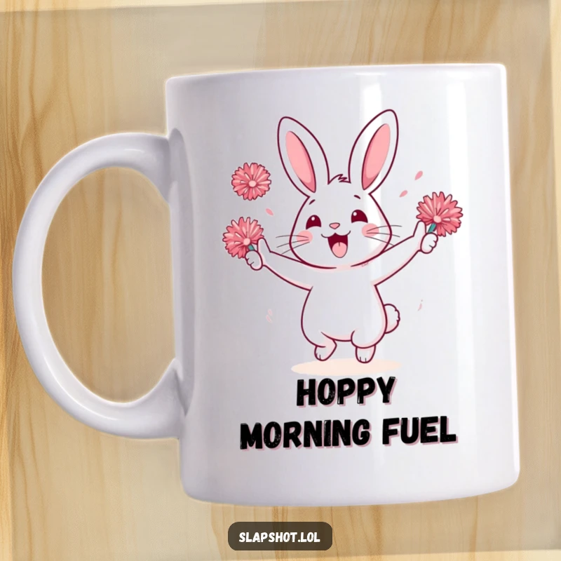 Funny rabbit character cheering enthusiastically with tiny pom-poms on a mug, ideal for sports fans.