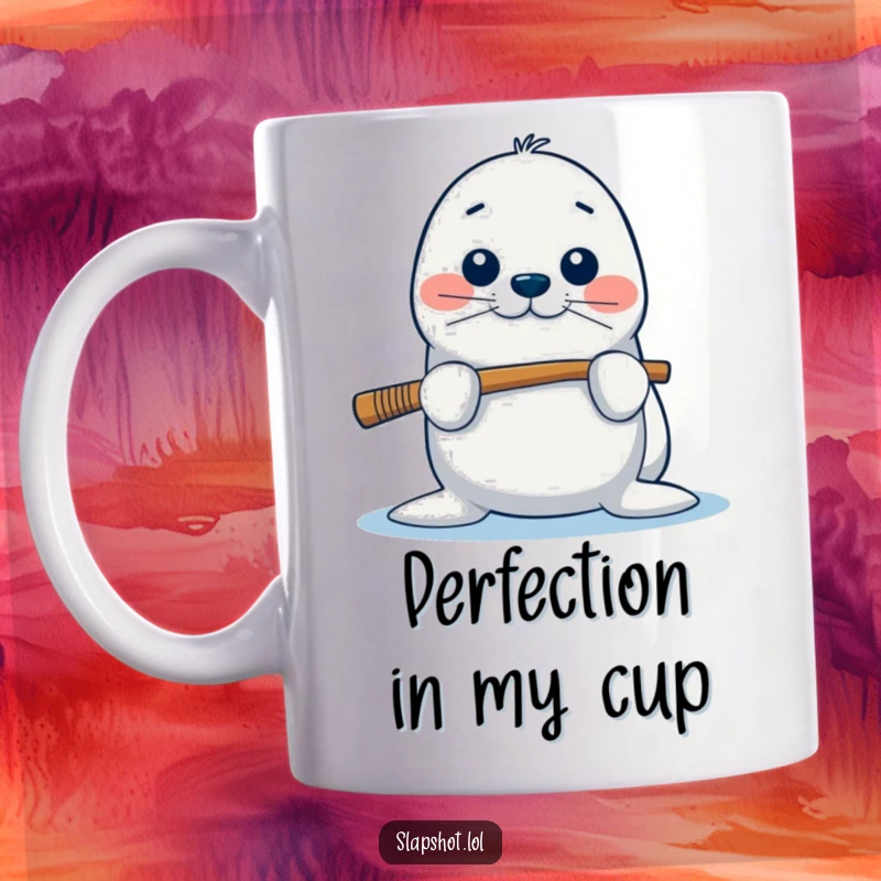 Funny seal mug featuring a playful character expertly balancing a hockey stick on its nose, showcasing unique talent.
