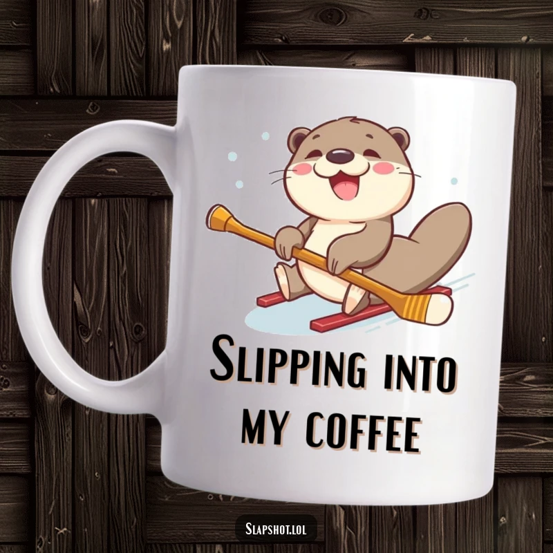 Funny, joyful otter sliding on its belly across ice with a hockey stick, depicted on a mug.