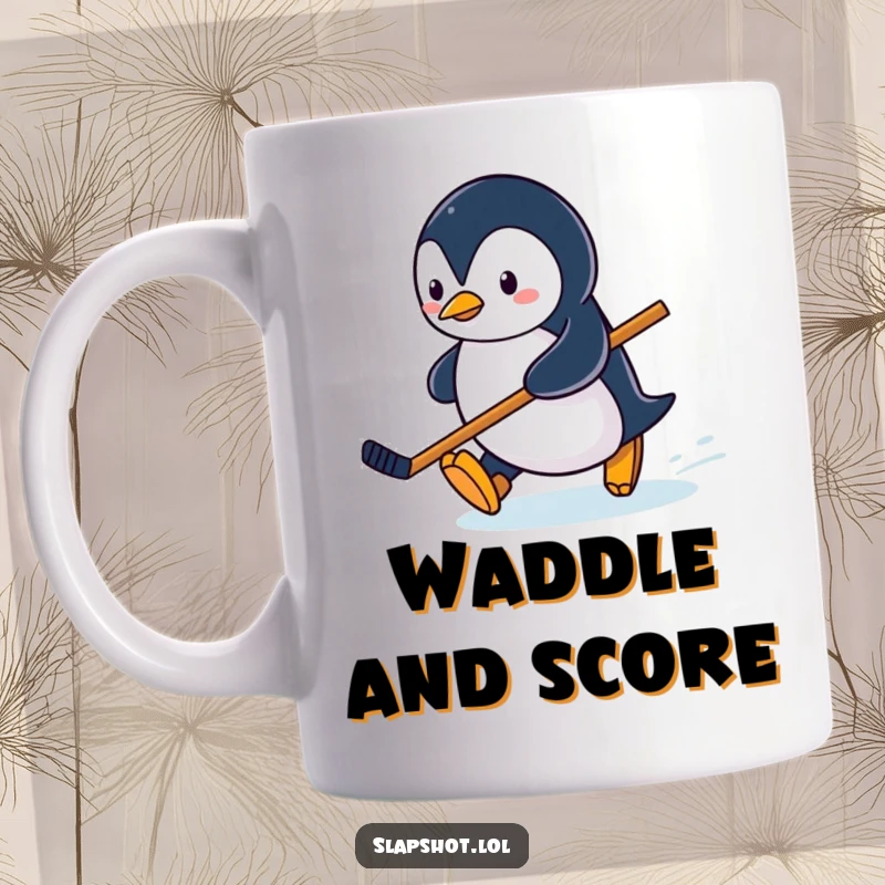 Funny penguin character sliding on an ice rink with a miniature hockey stick, playful winter sports mug.