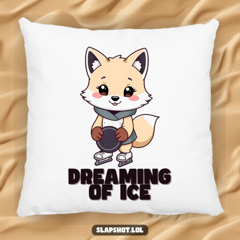 Funny arctic fox pillow showing a cheerful skater character with a puck, perfect for adding cozy humor to any room.