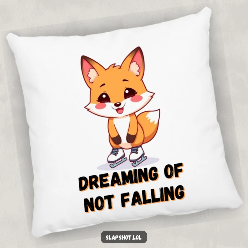 Funny grinning fox on a pillow, comically struggling to balance on tiny ice skates, soft and inviting.