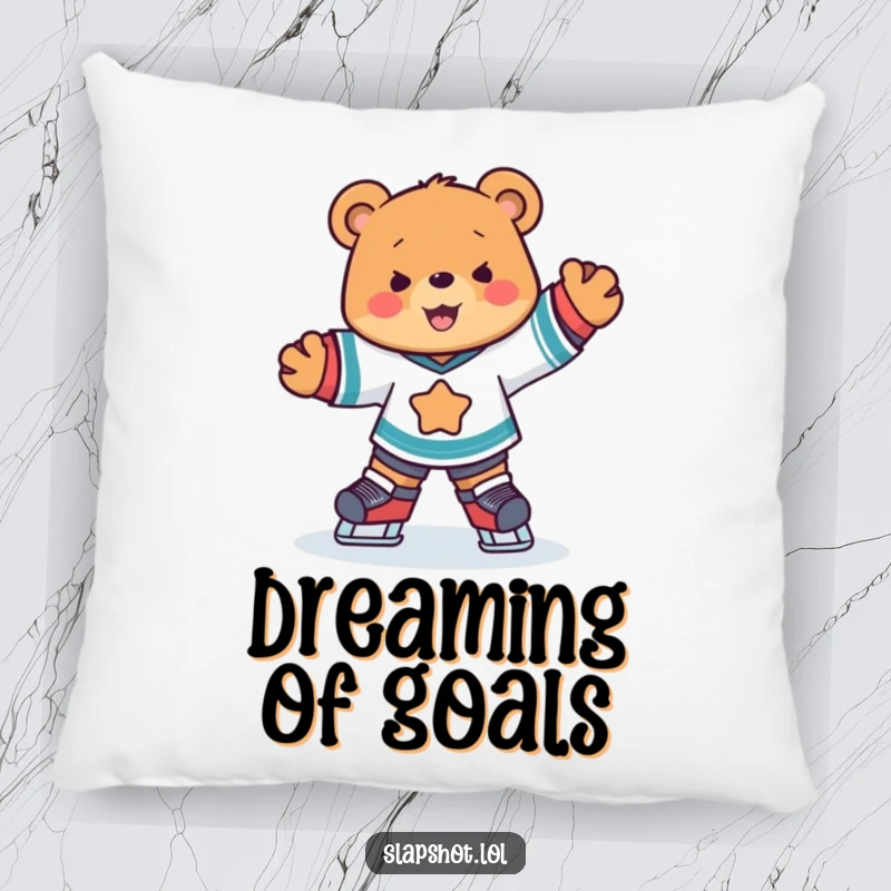 Funny cute bear in hockey jersey skating joyfully, soft and decorative sports-themed pillow.