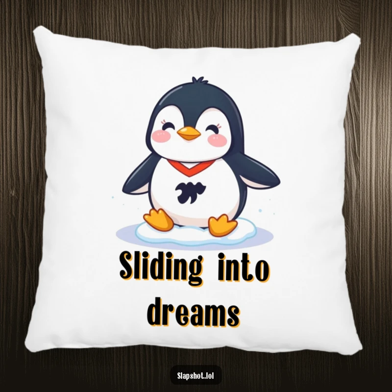 Funny decorative pillow featuring a cheerful penguin in a hockey jersey sliding on ice, offering cozy sports-themed comfort.