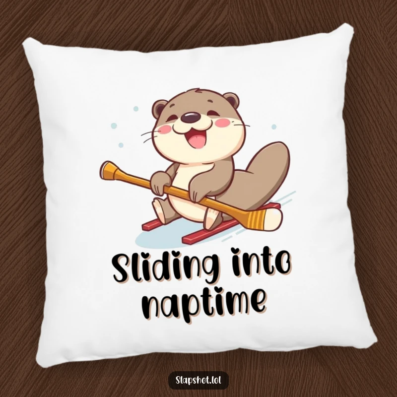 A soft, comfortable pillow showcasing a funny, joyful otter sliding on its belly with a hockey stick.
