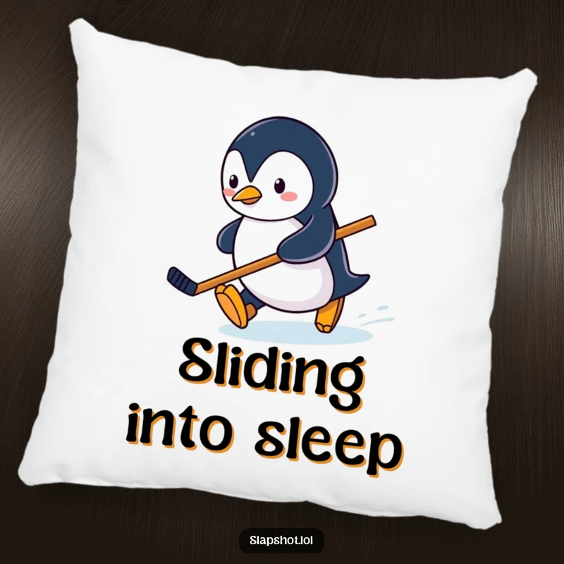 Funny penguin character sliding on ice with a hockey stick, soft and decorative winter-themed pillow.