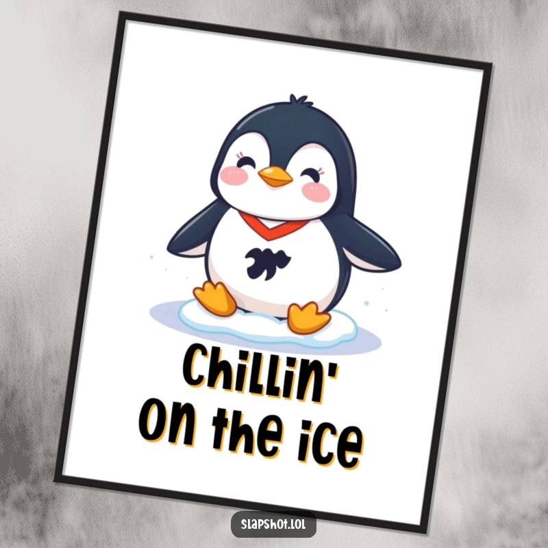 Funny digital art print of a cheerful penguin in a hockey jersey sliding on ice, creating instant sports-themed decor.