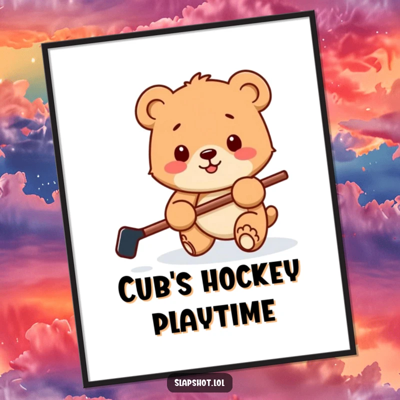 Funny digital art print of a happy bear cub with a hockey stick playfully batting a puck, creating instant sports-themed decor.