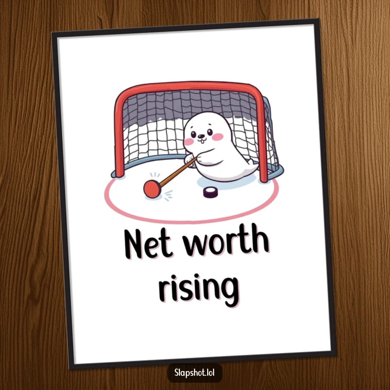 Funny seal character in peak hockey action, shooting a puck, as a digital art print for instant, humorous decor.