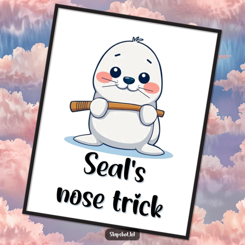 Funny seal digital art print showing a playful character balancing a hockey stick on its nose, perfect for adding humor.