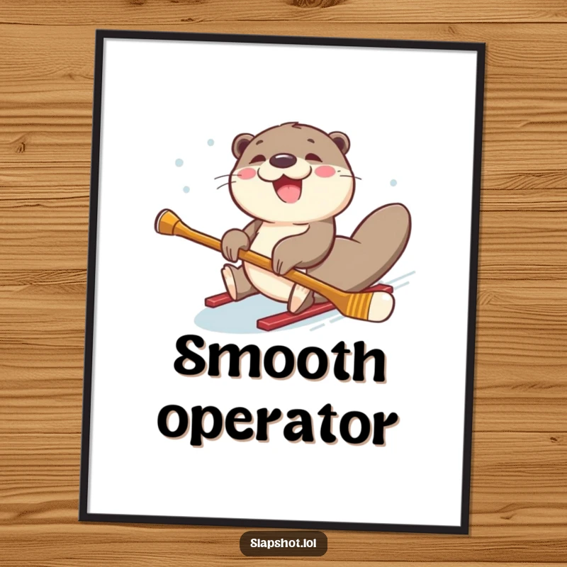 Funny, joyful otter sliding on its belly with a hockey stick, as a downloadable digital art print.