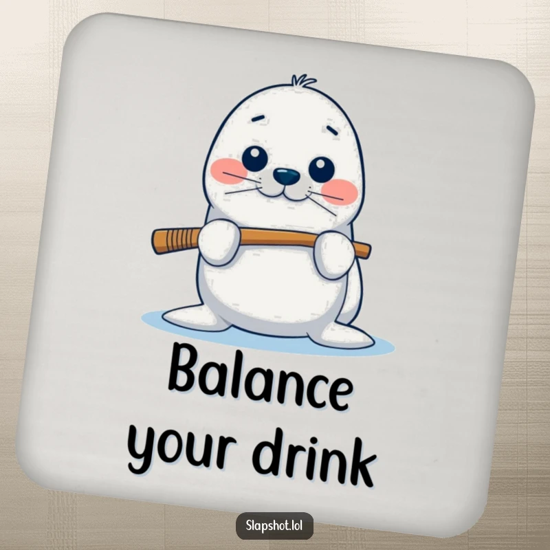 Funny seal drink coaster featuring the playful character balancing a hockey stick, adding humorous protection to surfaces.