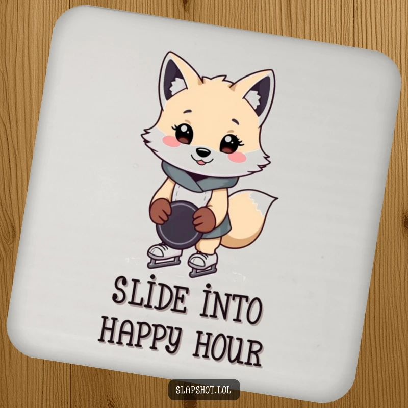 Funny arctic fox drink coaster featuring the cheerful skater character with a puck, adding humorous protection to surfaces.