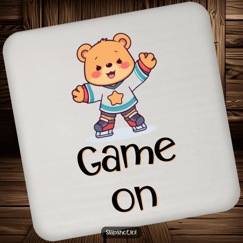 Funny cute bear in ice hockey jersey skating joyfully, cute and functional sports-themed coasters.
