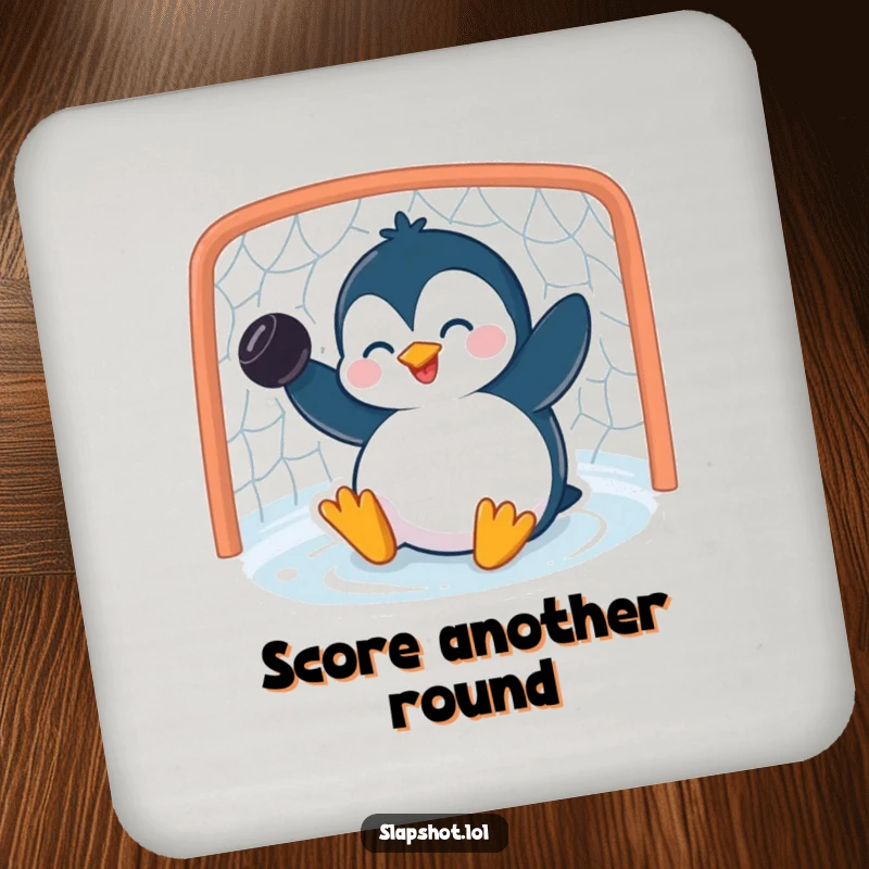 Funny penguin drink coaster featuring the giggling character scoring a goal with a puck, adding humorous protection.