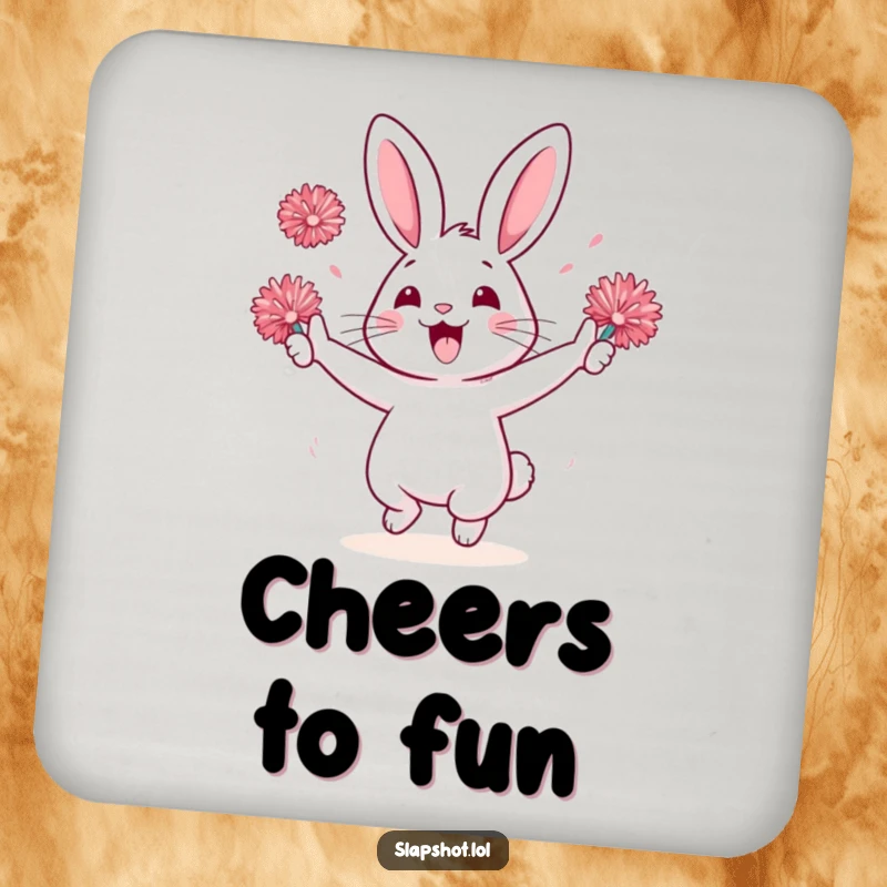 Funny rabbit character with pom-poms on a drink coaster, adding a touch of cheer and surface protection.