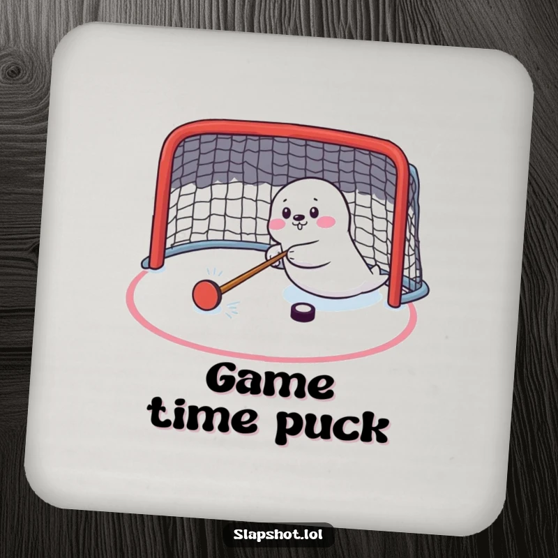 Funny seal character acting as a puck guard on a drink coaster, protecting furniture with humor.