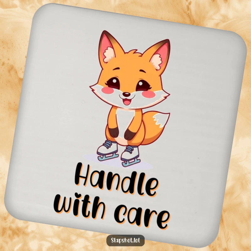 Funny fox awkwardly skating on tiny skates, depicted on a drink coaster, protecting surfaces with humor.