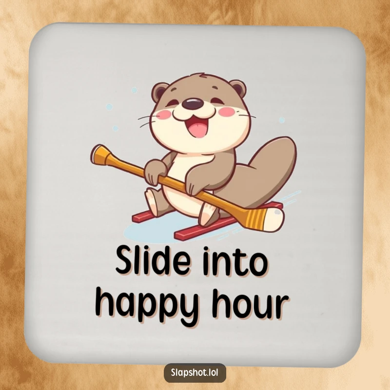 Joyful otter sliding on its belly with a hockey stick, depicted on a drink coaster for surface protection.