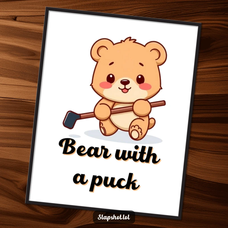 Funny poster art of a happy bear cub with a tiny hockey stick playfully batting a puck, capturing adorable sports action.