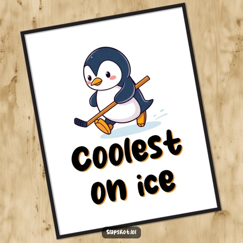Funny penguin character sliding on ice with a hockey stick, charming and whimsical winter art print.
