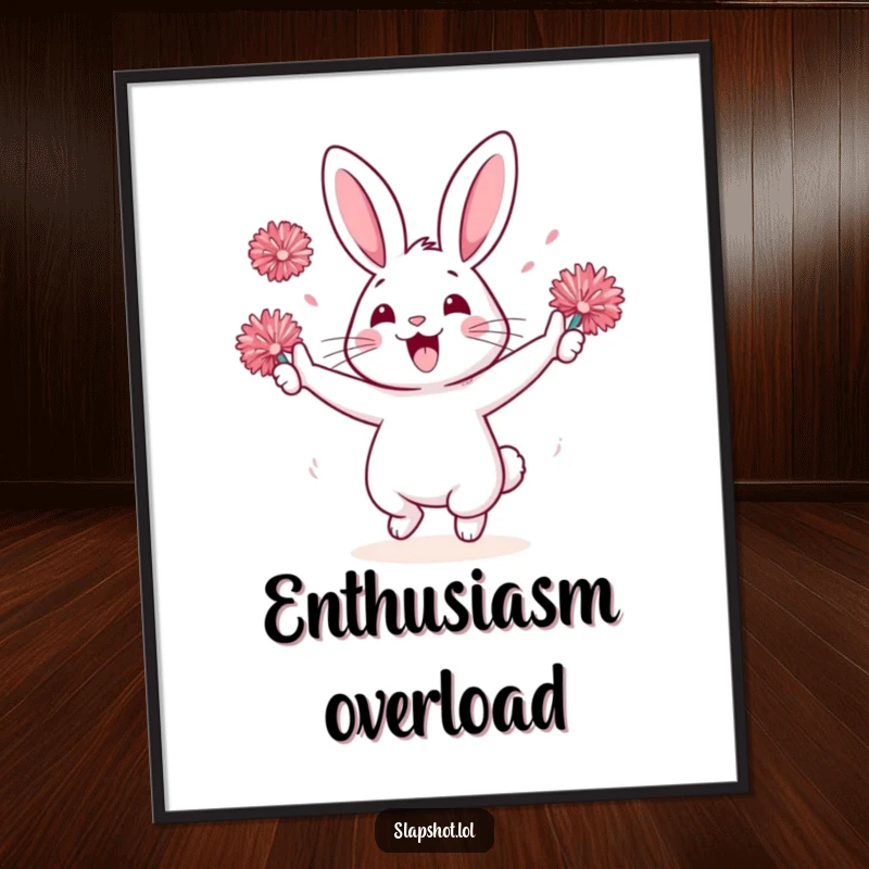 Funny rabbit character in a poster, energetically cheering with pom-poms, bringing vibrant, happy vibes.
