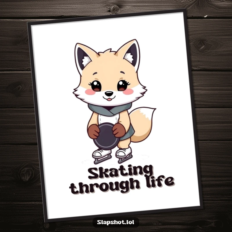 Funny arctic fox poster depicting a cheerful character adeptly skating with a hockey puck, adding humor to decor.