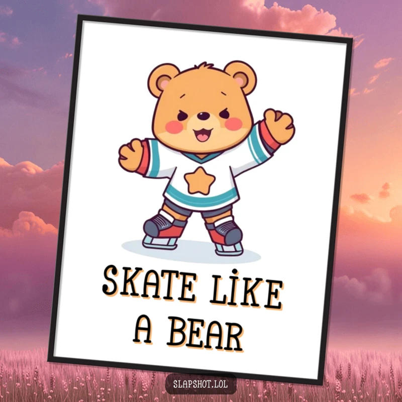 Funny cute bear in ice hockey jersey skating with joyful abandon, energetic sports character wall art.