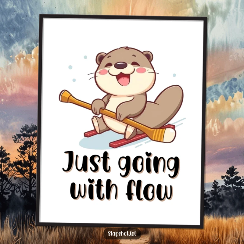 Joyful otter sliding on its belly, hockey stick in tow, depicted in a humorous poster for wall art.