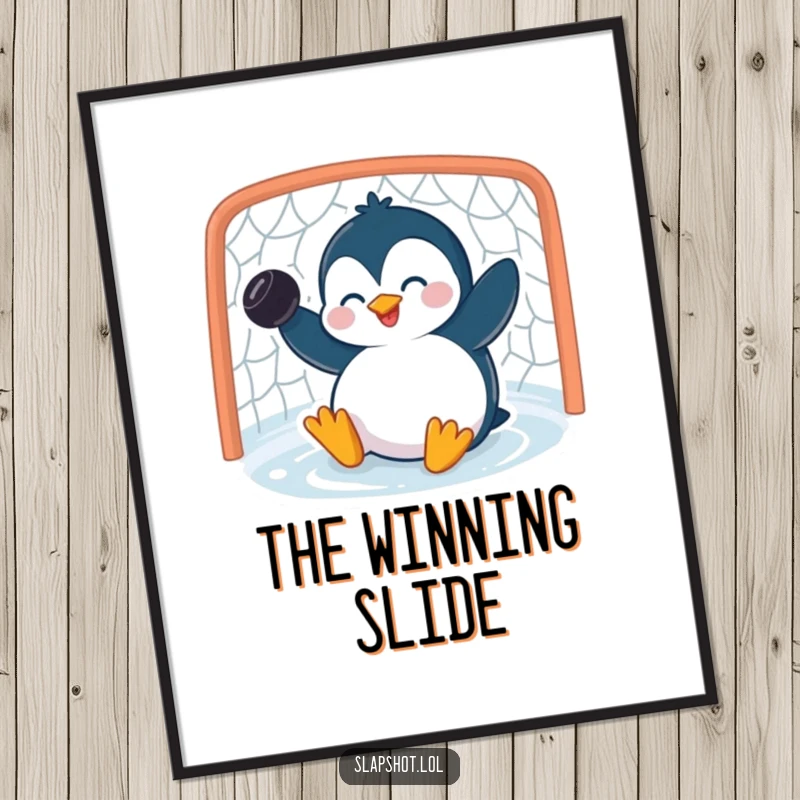 Funny penguin poster capturing a giggling character sliding into a net with a puck, ideal for humorous wall decor.