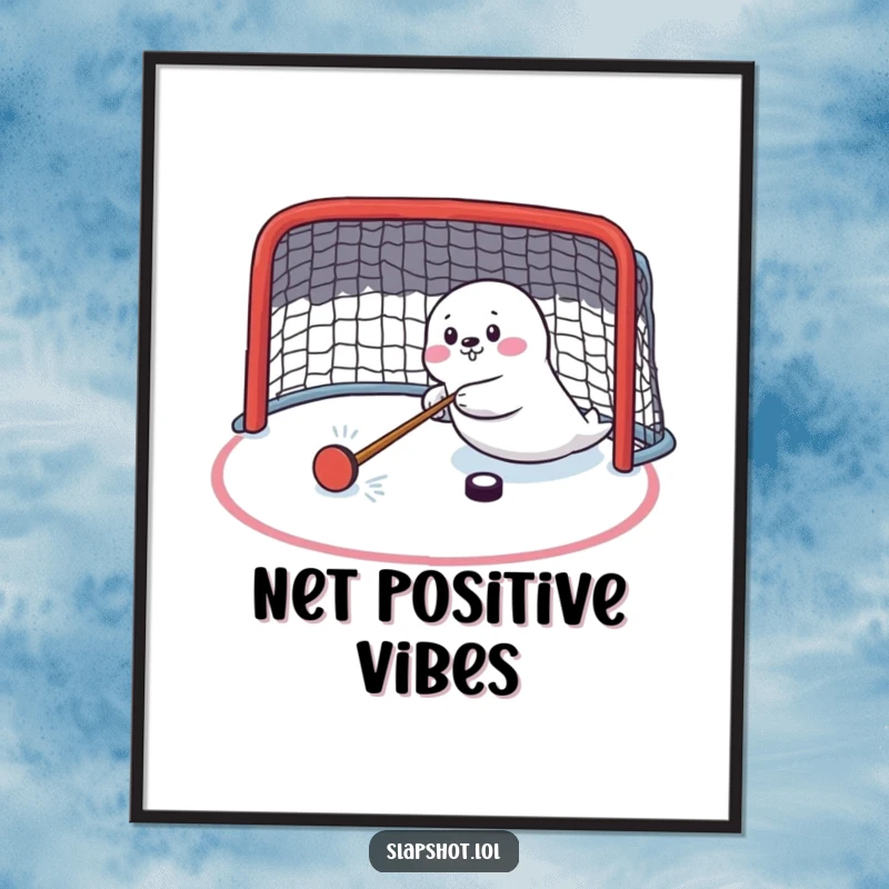 Funny seal character in dynamic action shooting a hockey puck, displayed as a vibrant poster for wall decor.