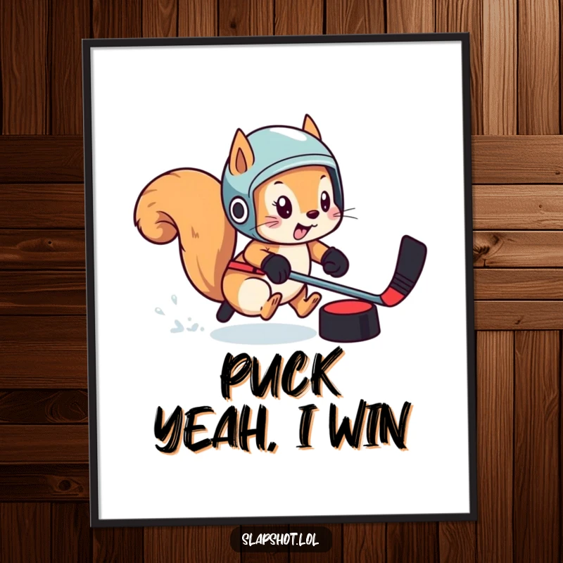Funny helmeted squirrel zealously pursuing a hockey puck in a dynamic poster design, full of action.