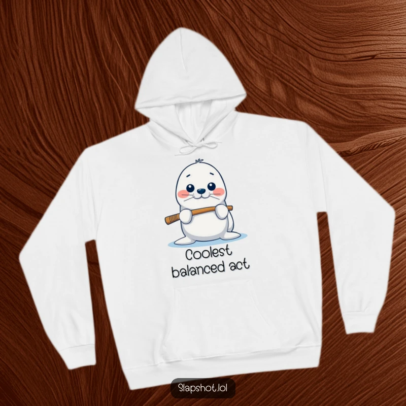 Funny seal hoodie showing a playful character balancing a hockey stick on its nose, offering warmth and humor.