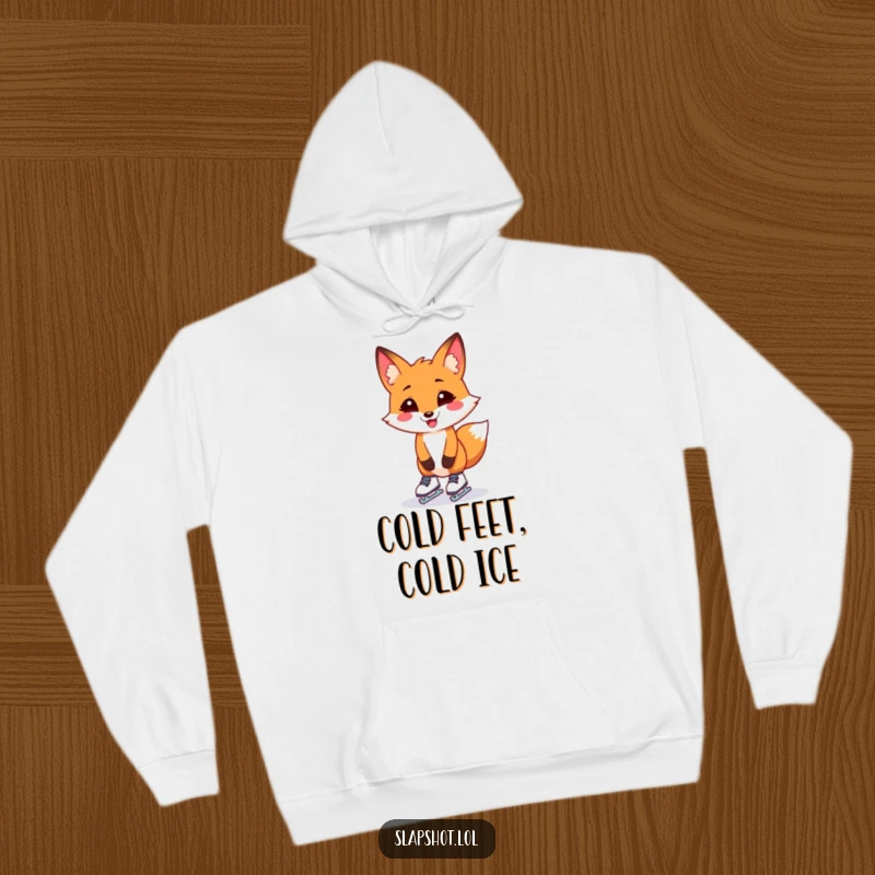 Funny fox in tiny skates, hilariously off-balance, printed on a cozy hoodie, capturing a moment of sweet, awkward determination.