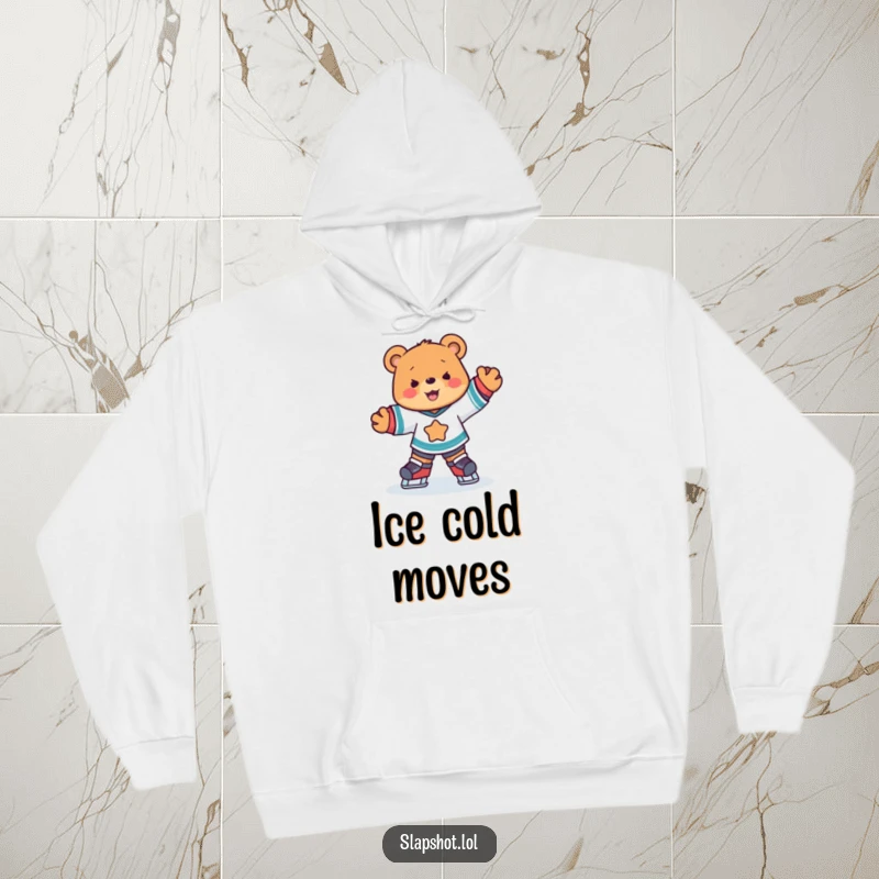 Funny cute bear in hockey jersey skating joyfully, cozy and fun sports-themed hoodie.