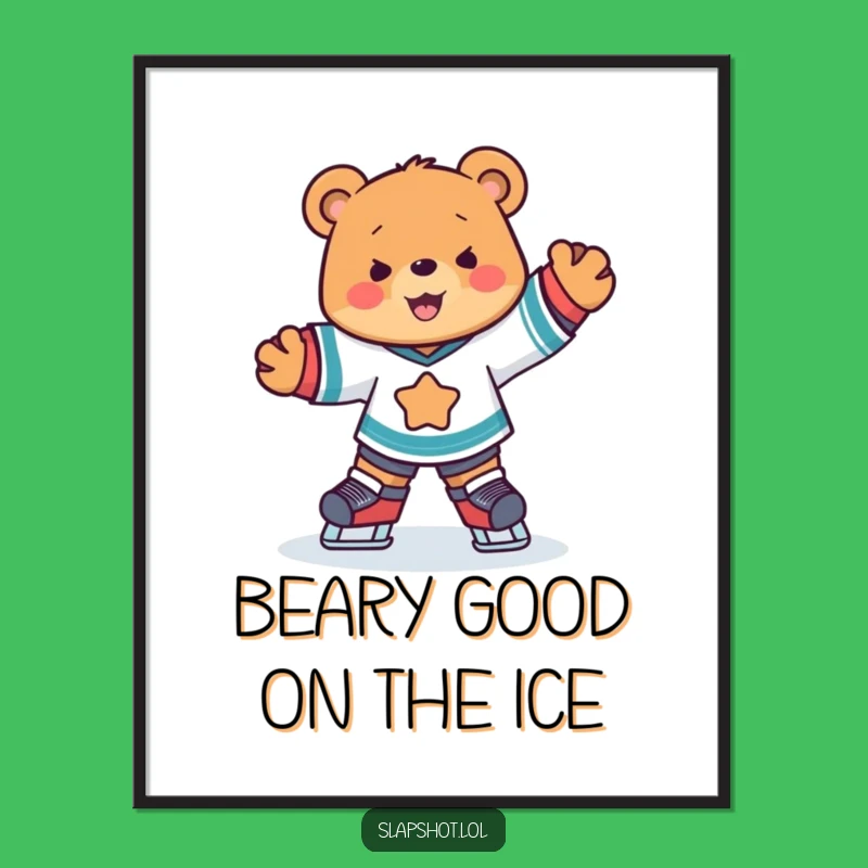 Free Printable Funny Wall Art: Hockey Bear Skating, Joyful, Cute Downloadable Decor